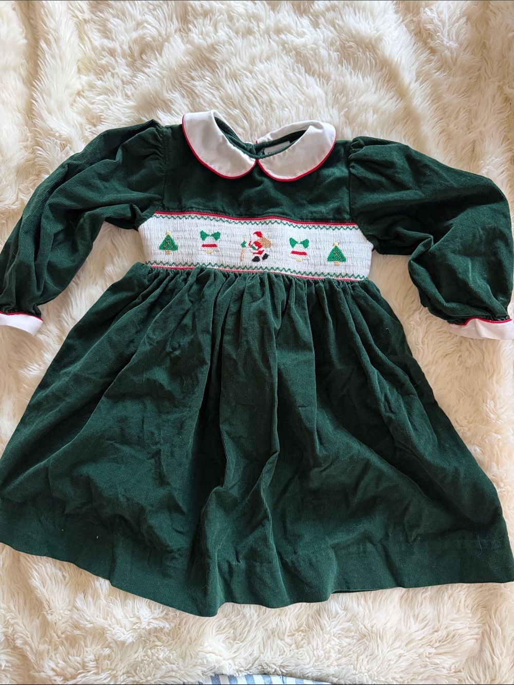 Girls' Dark Green Corduroy Smocked Holiday Dress with White Collar